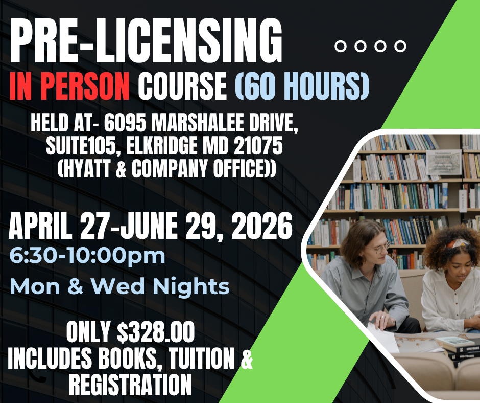 M. Stanovich MAKEUP TIME- Real Estate Pre Licensing Course- IN PERSON ELKRIDGE April 27th-June 29th, 2026