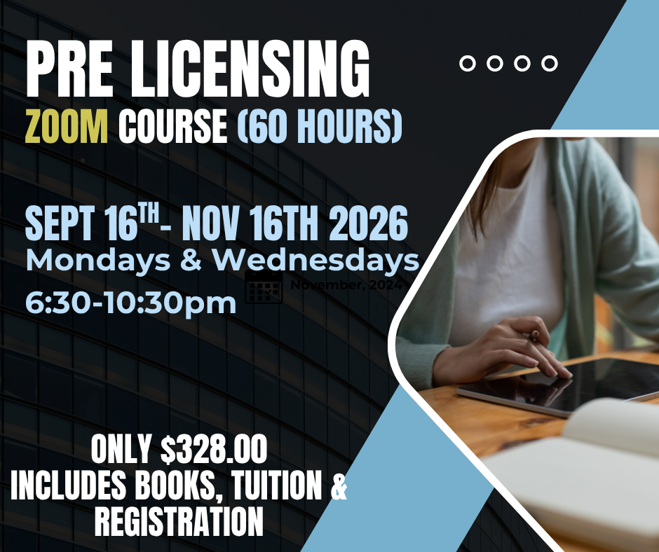 Real Estate 60 Hour Pre Licensing Course- ZOOM-Sept 16th-Nov 16th, 2026